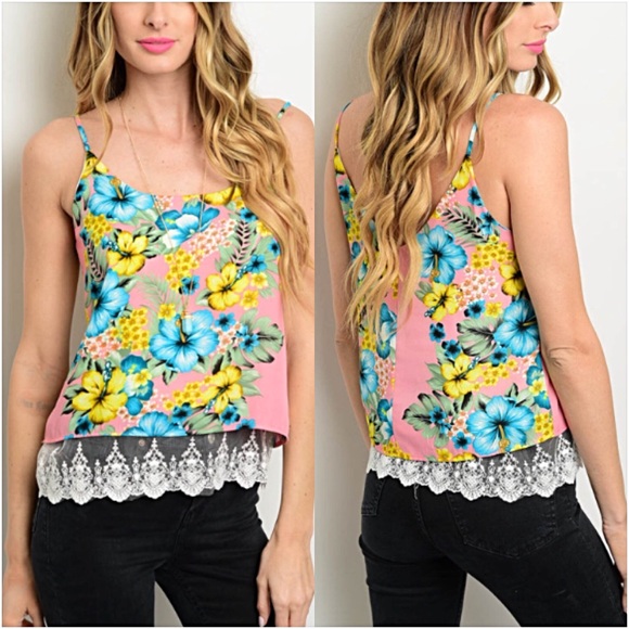 Lace Hem Lined Floral Spaghetti Blouse SML - Picture 4 of 4